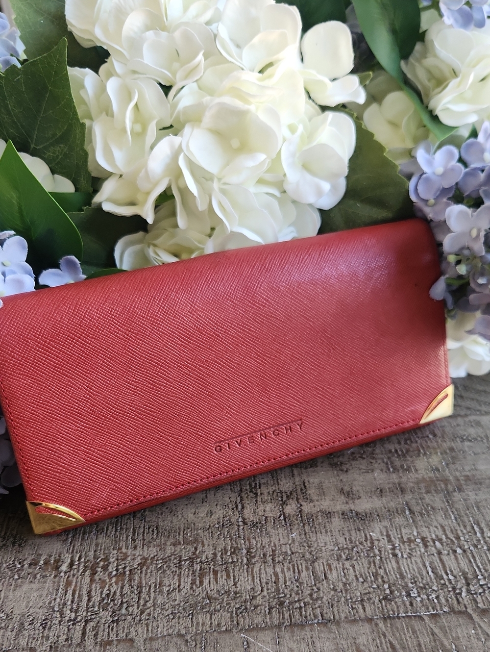 Givenchy Red Textured Leather Long Wallet with Gold Corner Accents